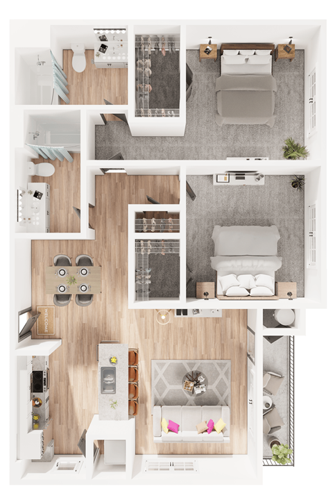 Floor plan for 2 beds, 1 bath, 1039 sqft